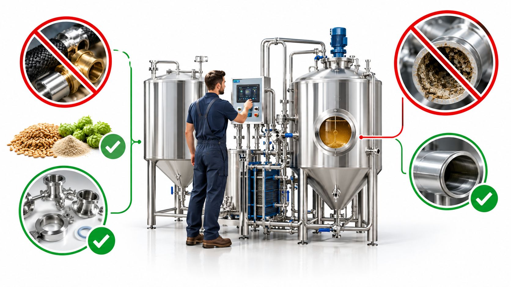 A technician operating industrial beverage processing equipment with highlighted components showing hygienic stainless steel standards.