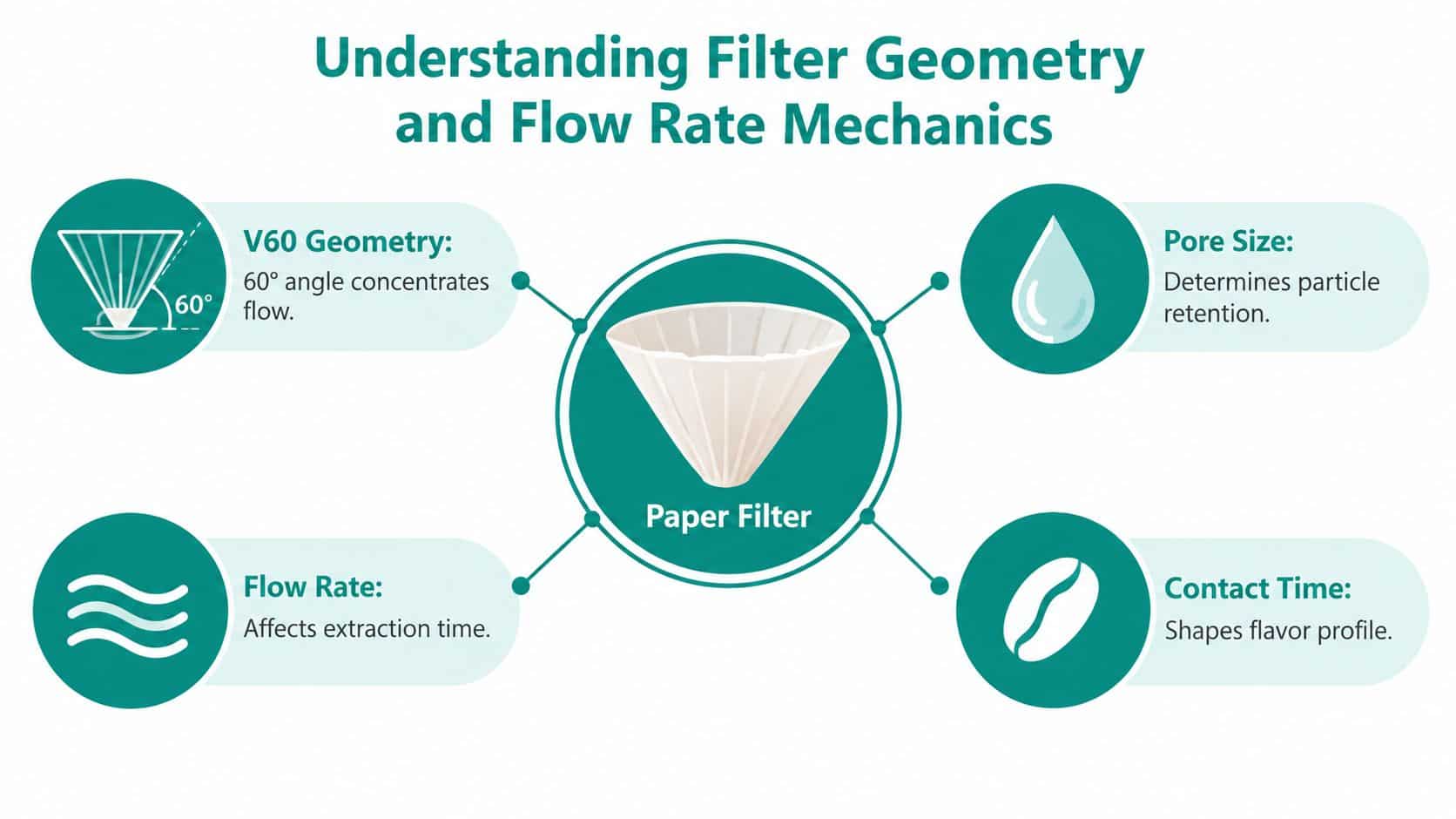 An infographic detailing coffee maker paper filter geometry, pore size, flow rate, and extraction contact time.