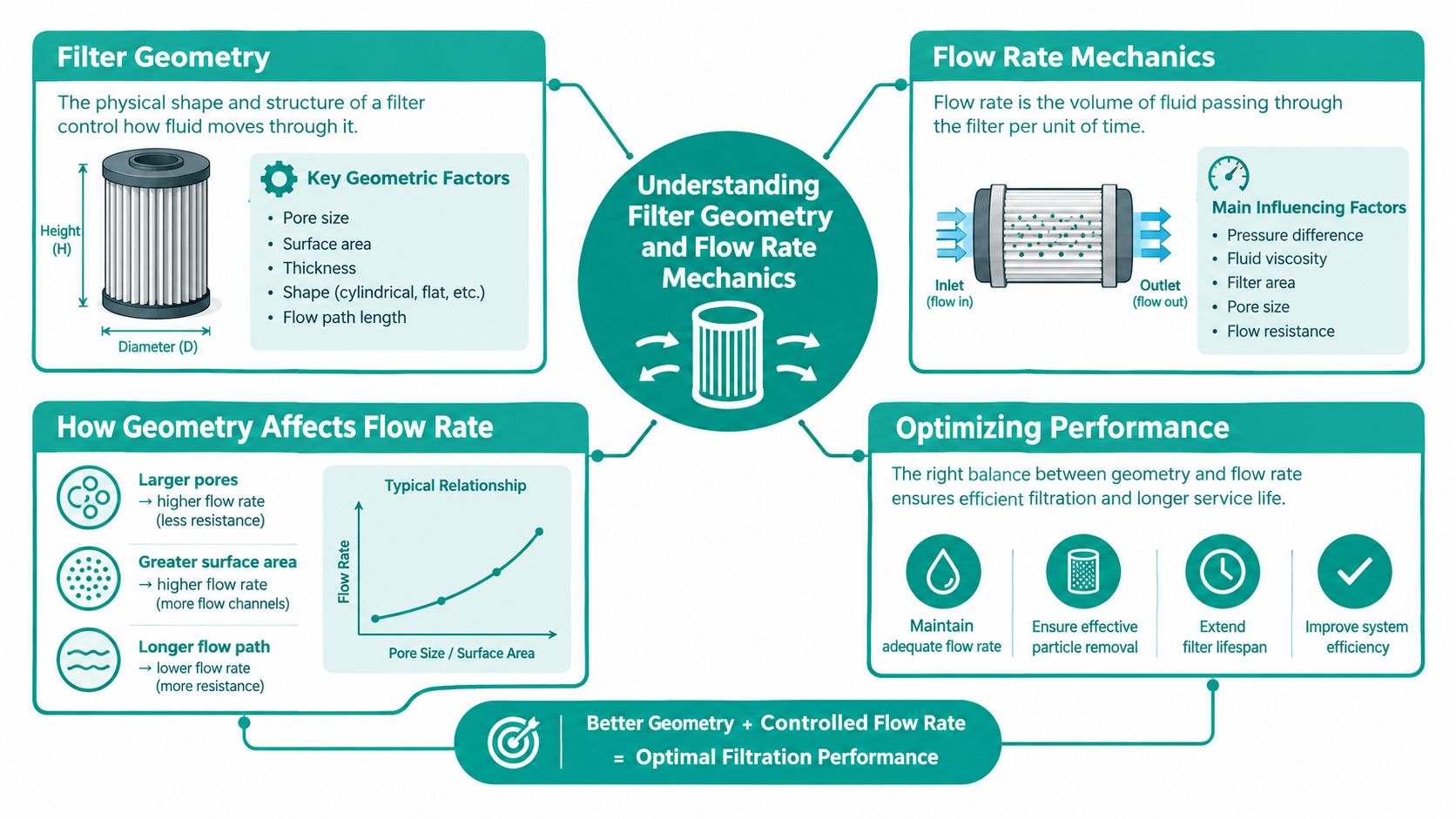A diagram illustrating the technical relationship between filter geometry, flow rate mechanics, and overall filtration performance optimization.
