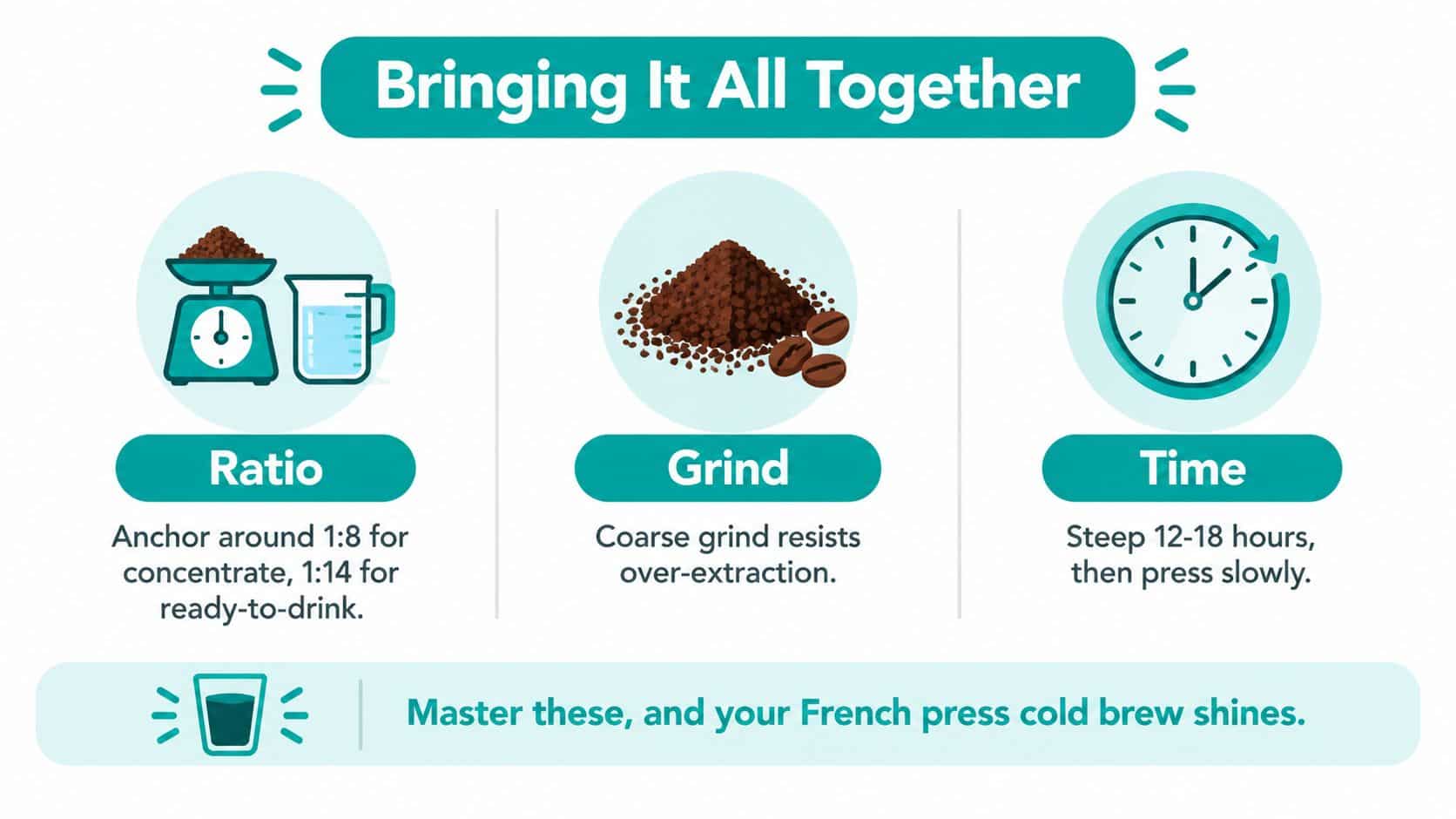 An infographic showing the three essential components for making French press cold brew coffee: ratio, grind, and time.