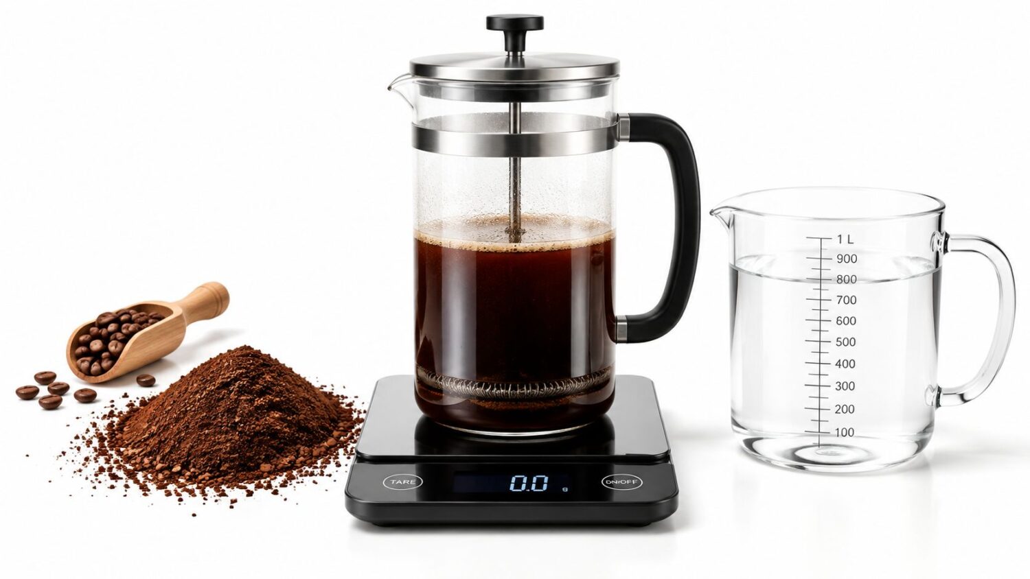 French press coffee maker with coffee grounds, beans, and water on a scale.