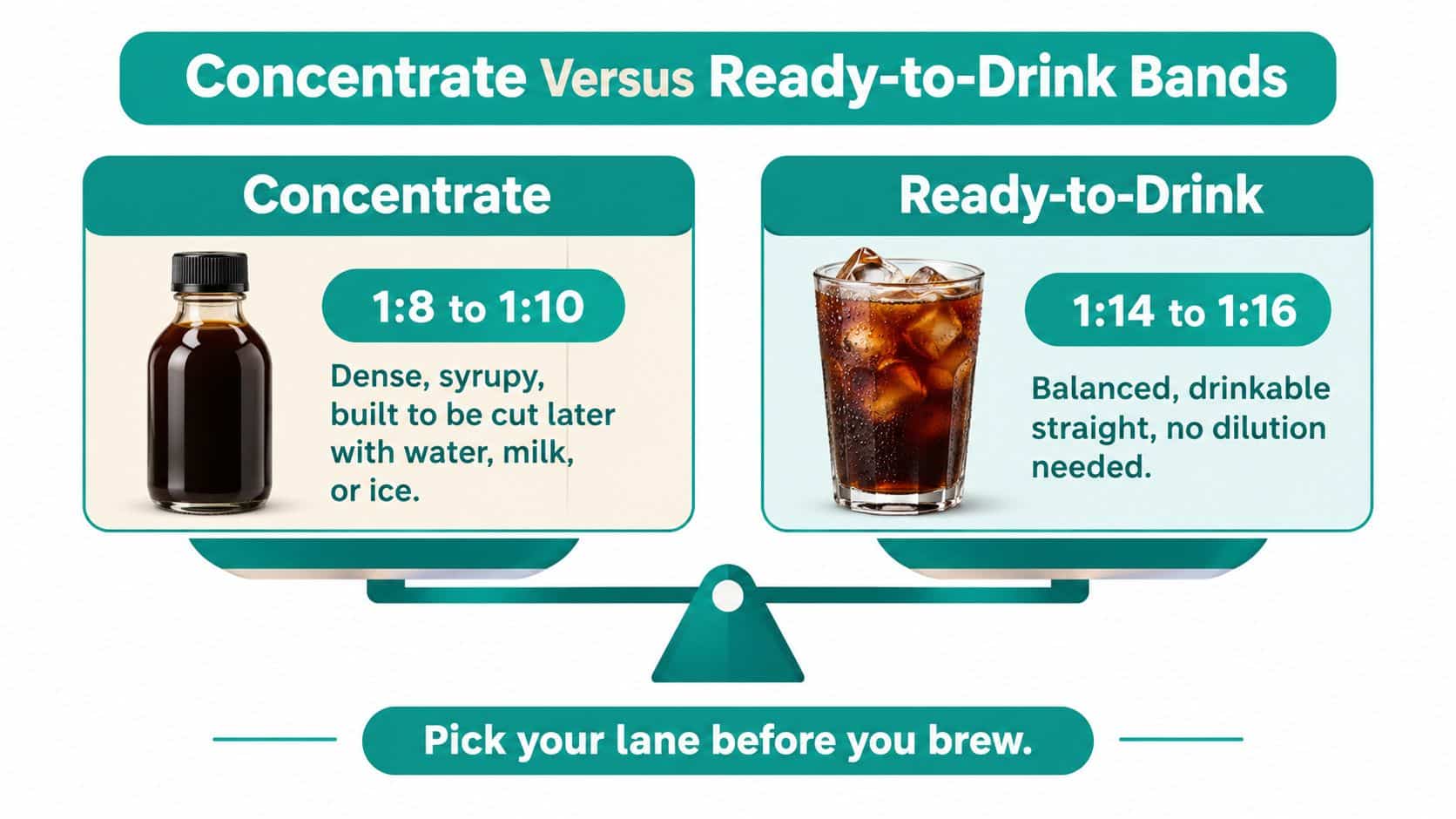 A comparison chart of coffee brew ratios, showing concentrate versus ready-to-drink coffee dilution levels.
