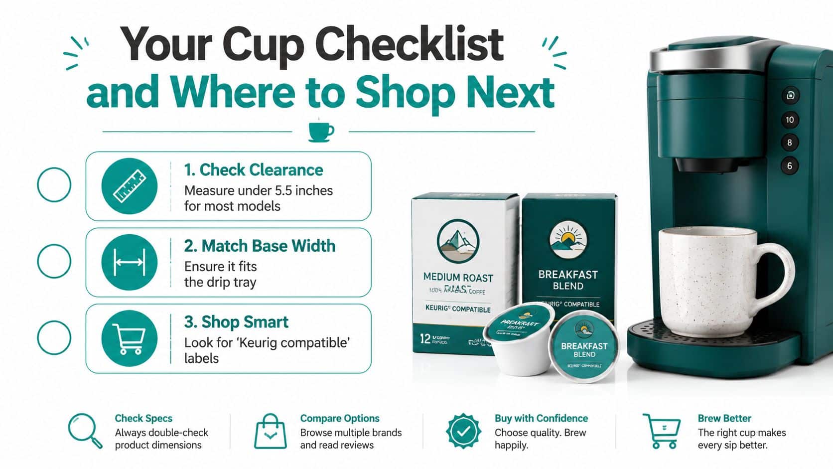 A checklist for choosing the right coffee mug to use with a Keurig machine, showing dimensions and compatibility.