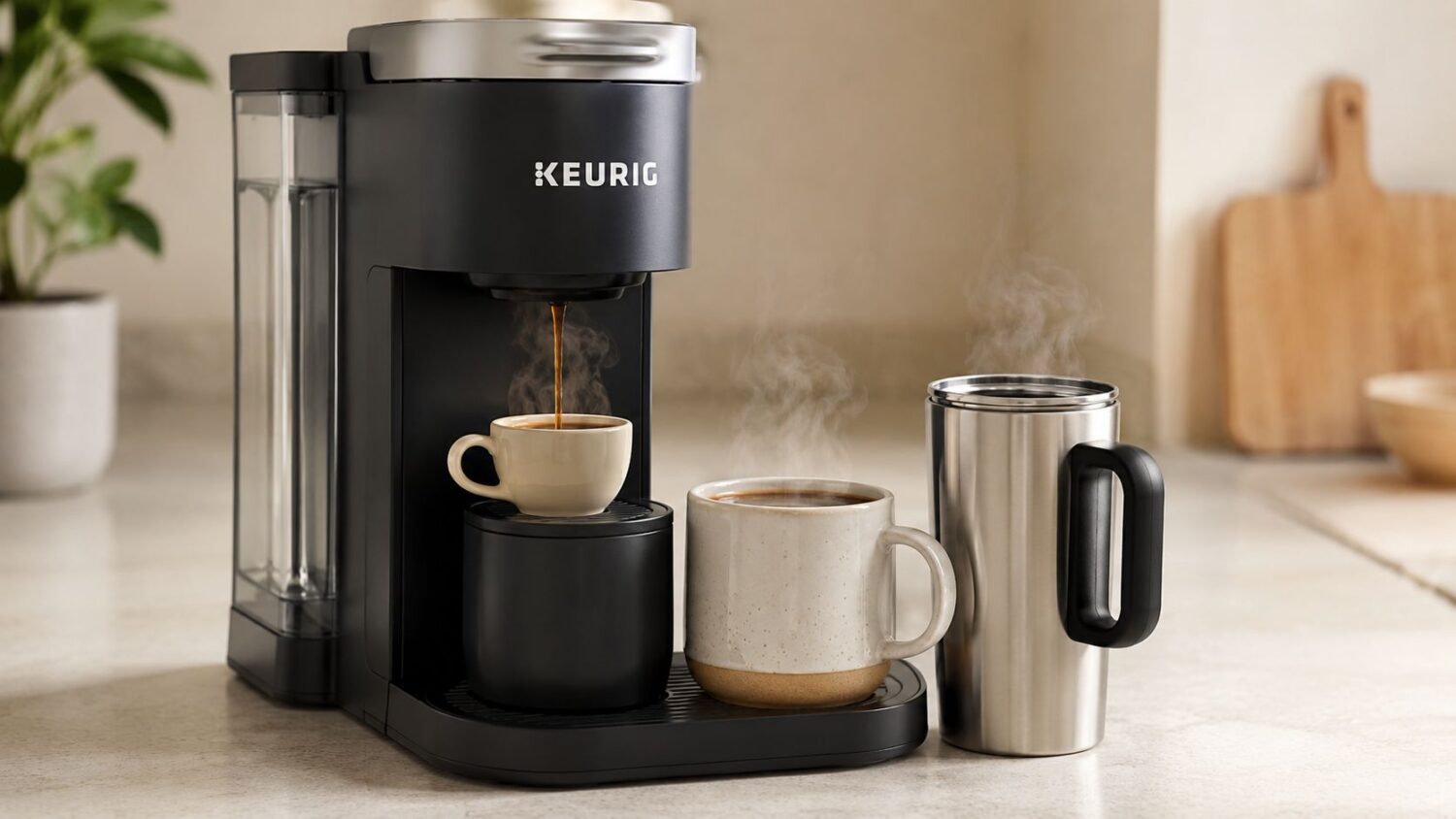 Keurig coffee maker brewing coffee into a mug, with a travel mug nearby.