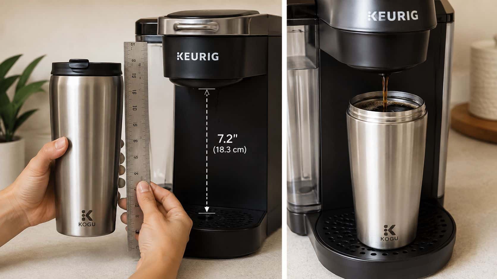 A stainless steel Kogu travel mug being measured against a Keurig coffee maker with a 7.2 inch clearance.