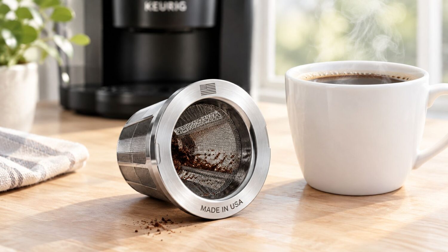 Reusable Keurig coffee filter made in USA next to coffee cup and brewer