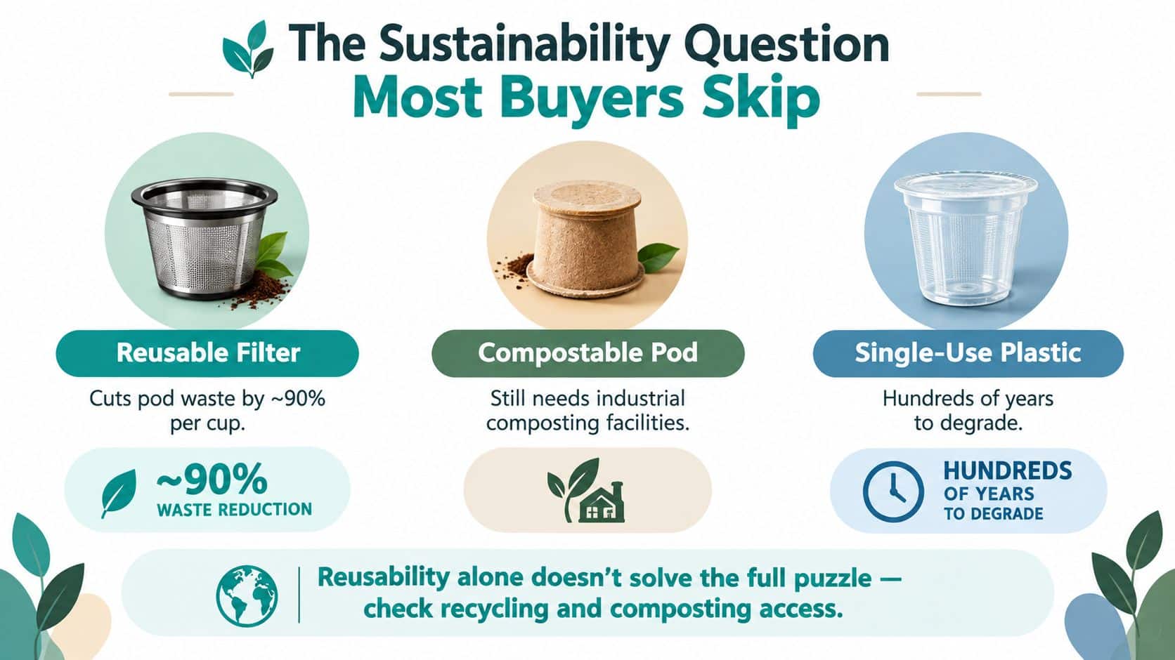 An infographic comparing environmental impacts of reusable filters, compostable pods, and single-use plastic coffee cups.