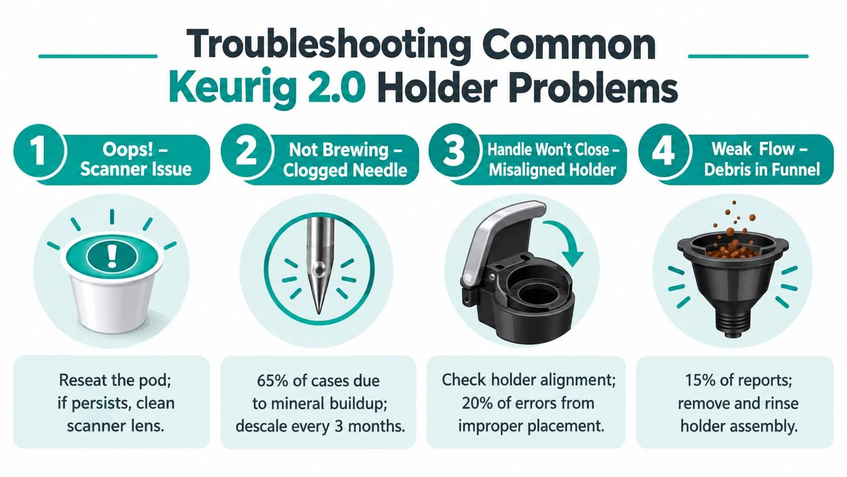 An infographic detailing troubleshooting steps for common Keurig 2.0 holder issues like scanner errors and clogs.