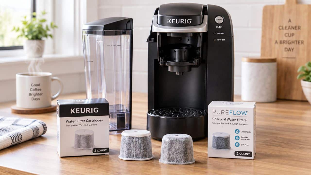 Keurig coffee maker, water reservoir, and charcoal water filter cartridges on a wooden counter.