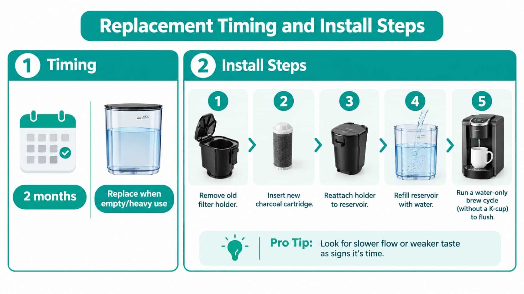 An infographic demonstrating the 2-month replacement timing and 5-step installation guide for a Keurig water filter.