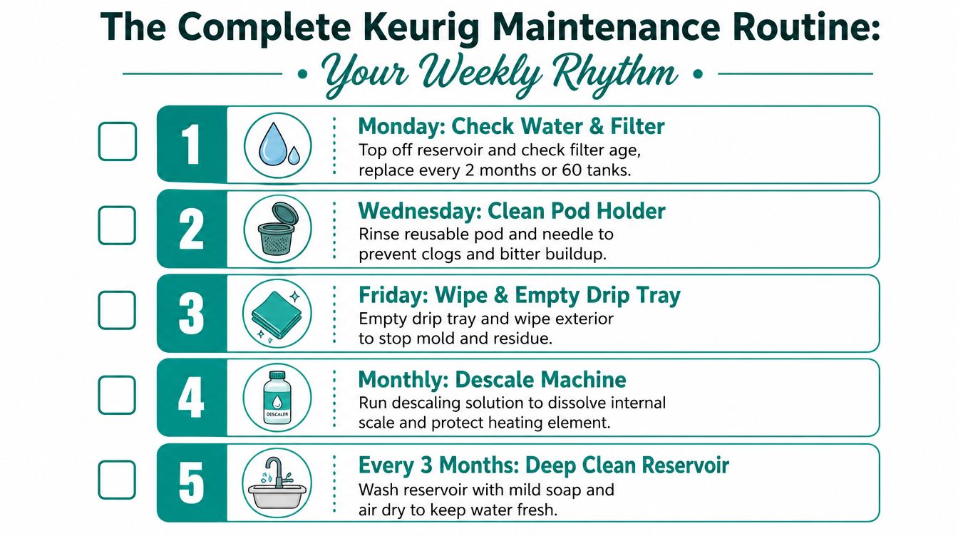 An infographic detailing a weekly and monthly maintenance routine for keeping a Keurig coffee maker clean.