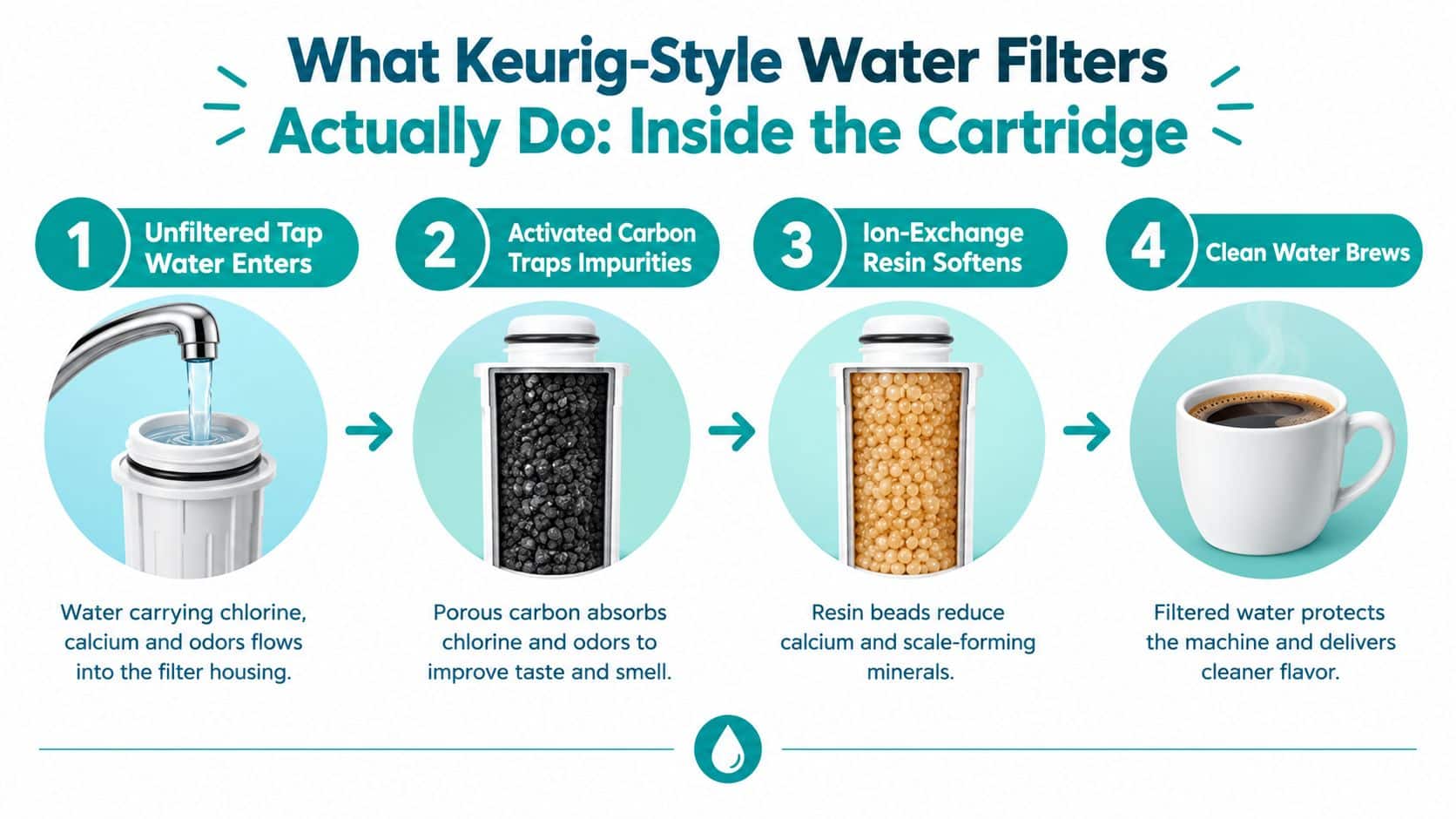 An infographic showing the four stages of how a Keurig style water filter cartridge cleans tap water.