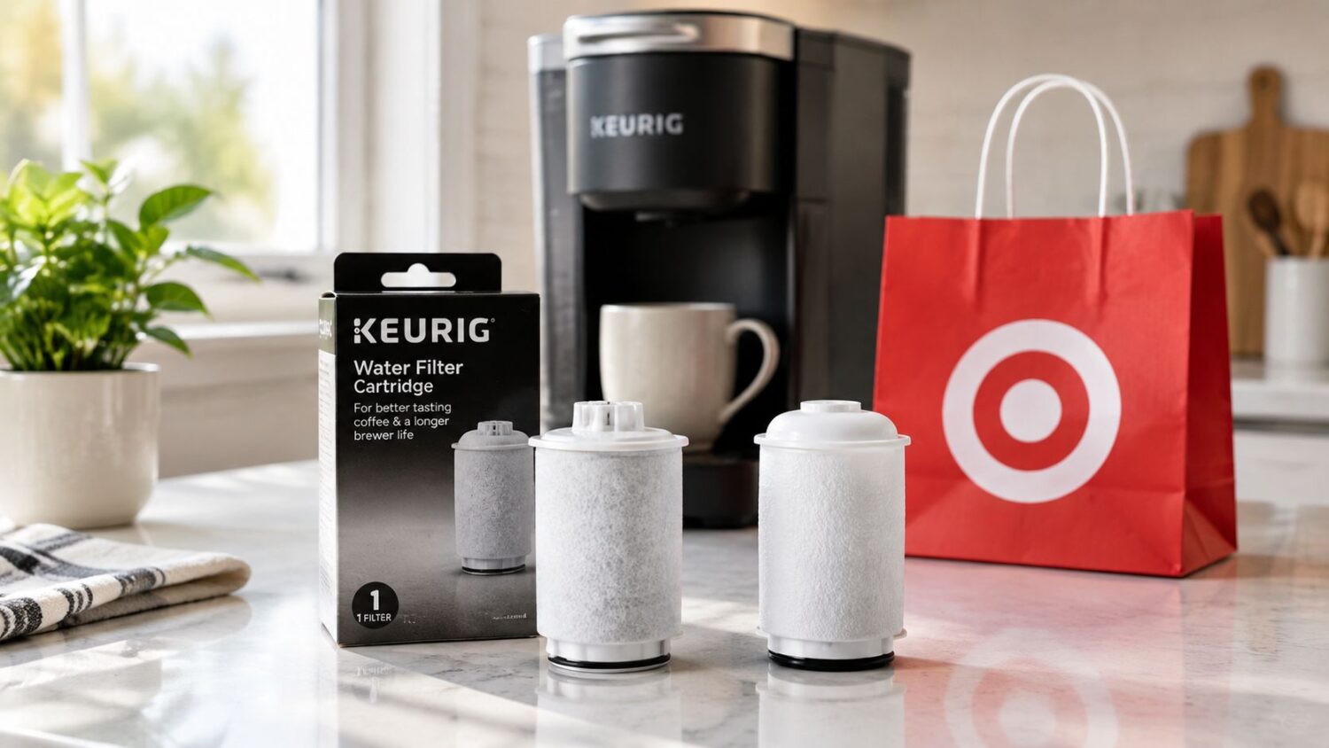 Keurig water filter cartridges next to a Keurig coffee maker and Target bag