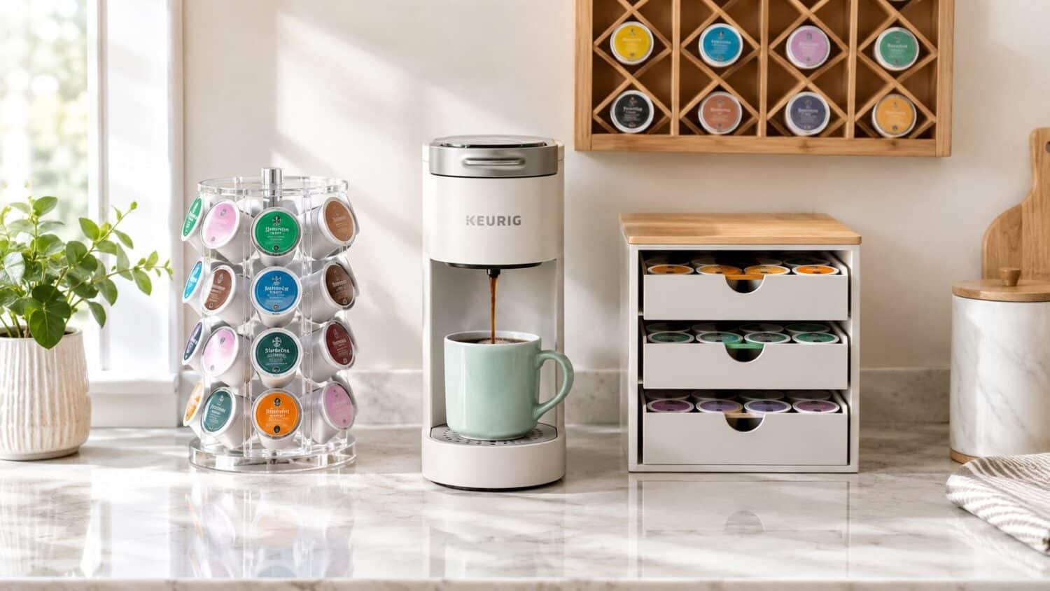 White Keurig coffee maker brewing coffee into a mug, with K-Cup organizers