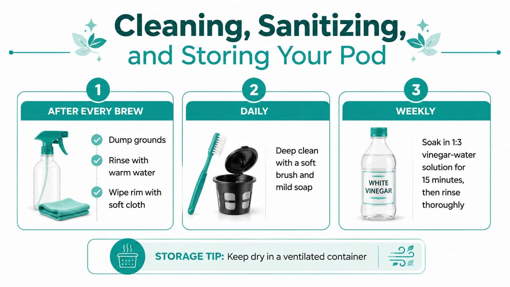 An infographic detailing the daily, weekly, and post-use steps for cleaning, sanitizing, and storing reusable coffee pods.