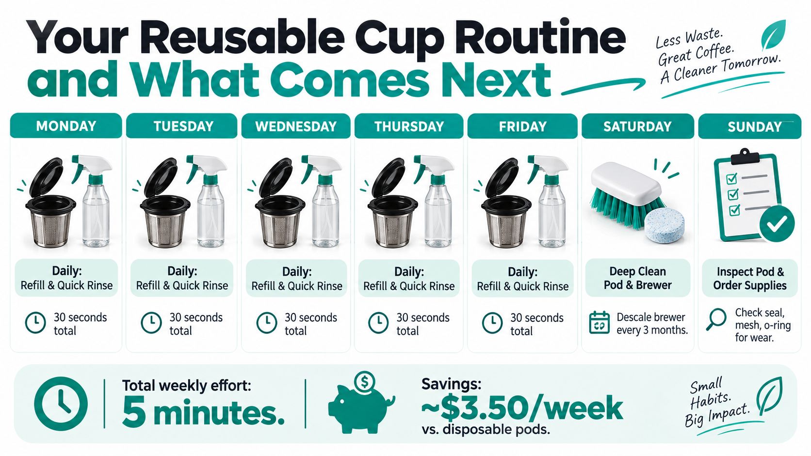 A weekly infographic guide showing how to clean and maintain reusable coffee pods for environmental sustainability.