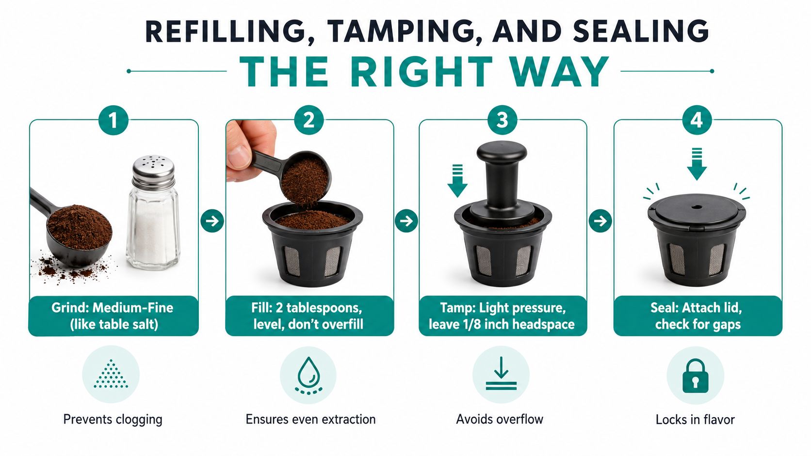 A four-step infographic illustrating how to properly refill, tamp, and seal a reusable coffee capsule.
