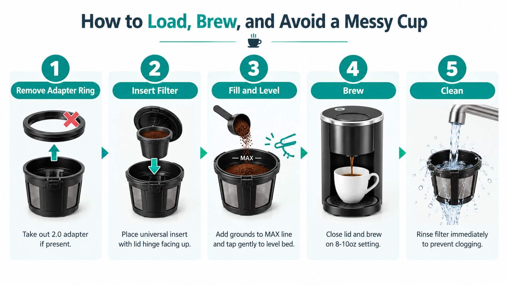 A five-step instruction guide on how to load, brew, and clean a Keurig universal coffee filter.