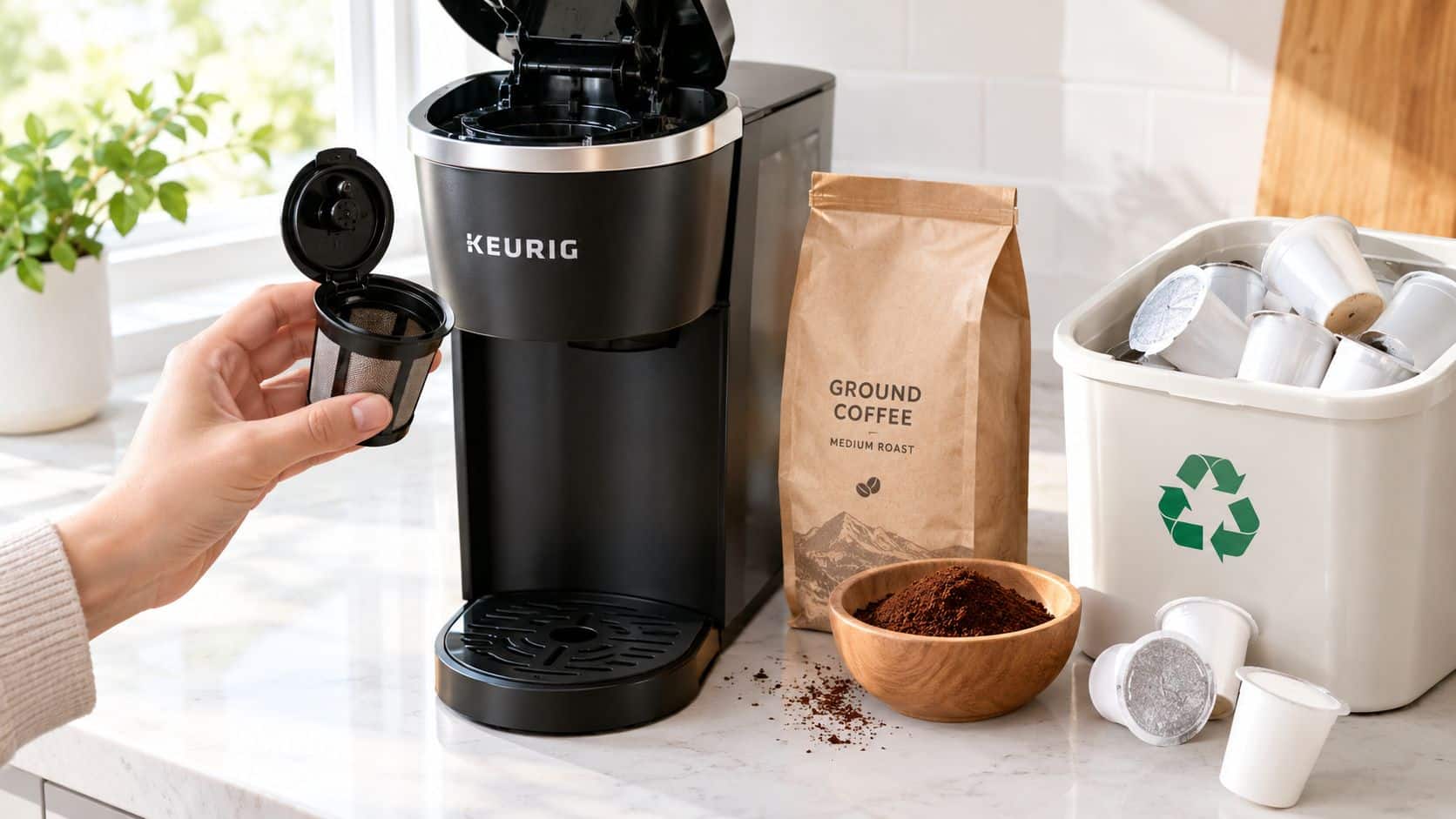 A person inserts a reusable coffee filter into a Keurig coffee maker near a bag of ground coffee.