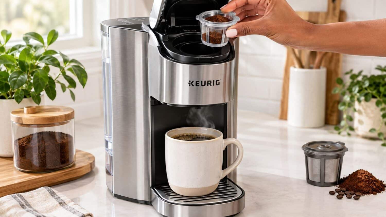 Keurig coffee maker brewing fresh coffee with reusable K-cup