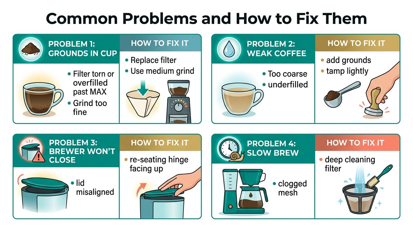 A helpful infographic illustrating common troubleshooting tips and solutions for fixing coffee brewer issues.