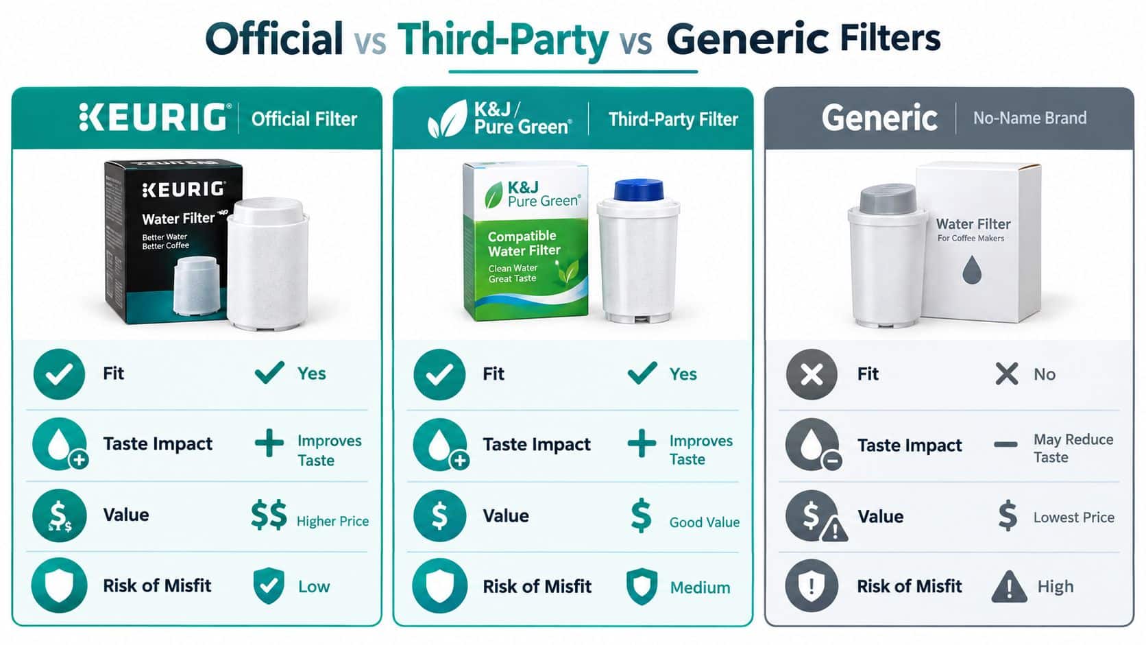 A comparison chart showing the differences between Keurig official, K&J third-party, and generic coffee maker water filters.