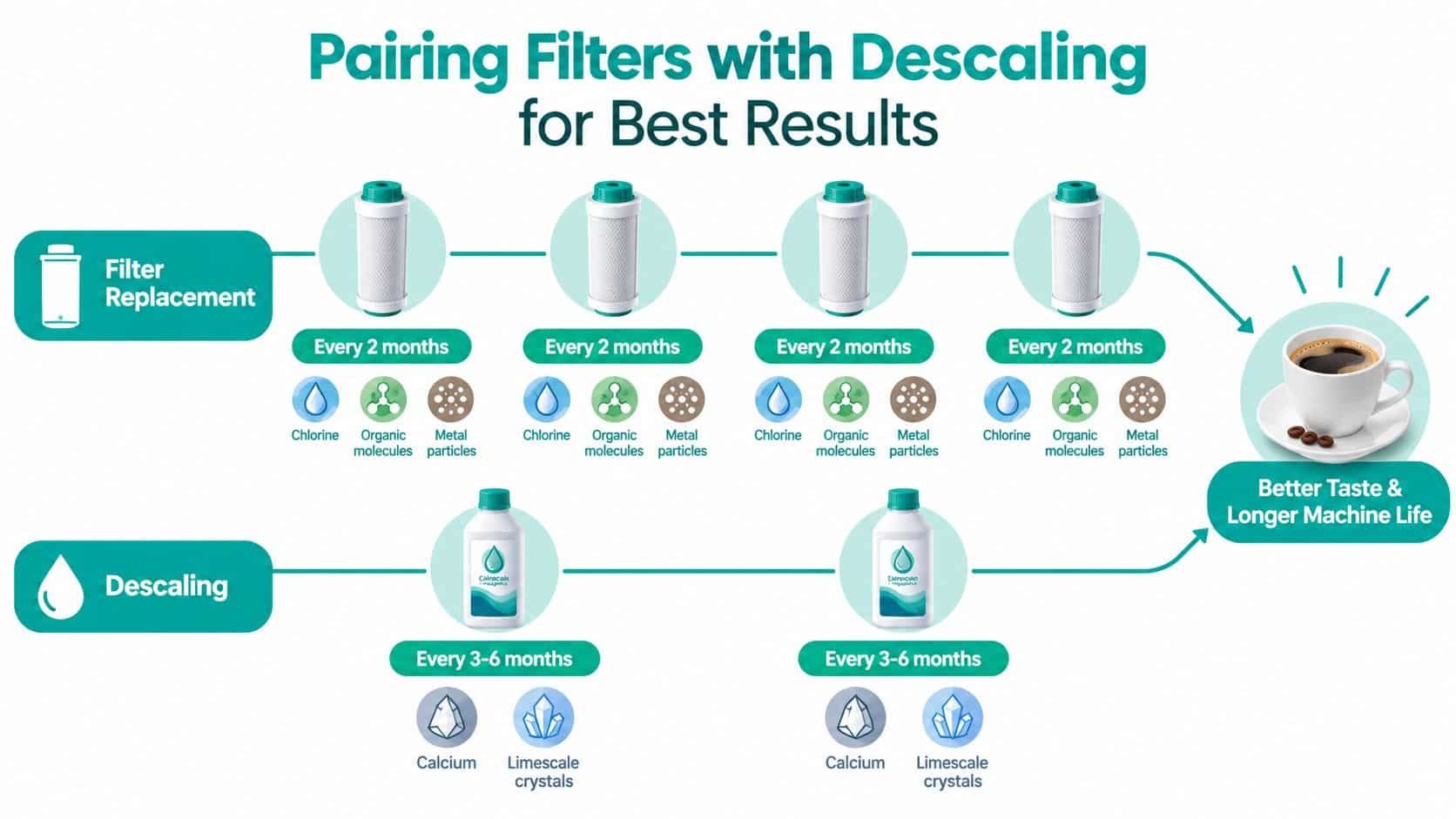 An infographic illustrating the maintenance schedule for coffee machine water filters and descaling solutions.