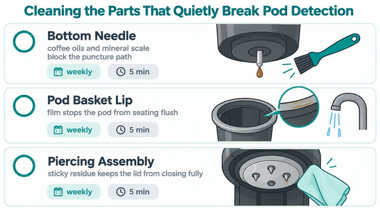 An infographic showing instructions on how to clean coffee machine parts to fix pod detection issues.
