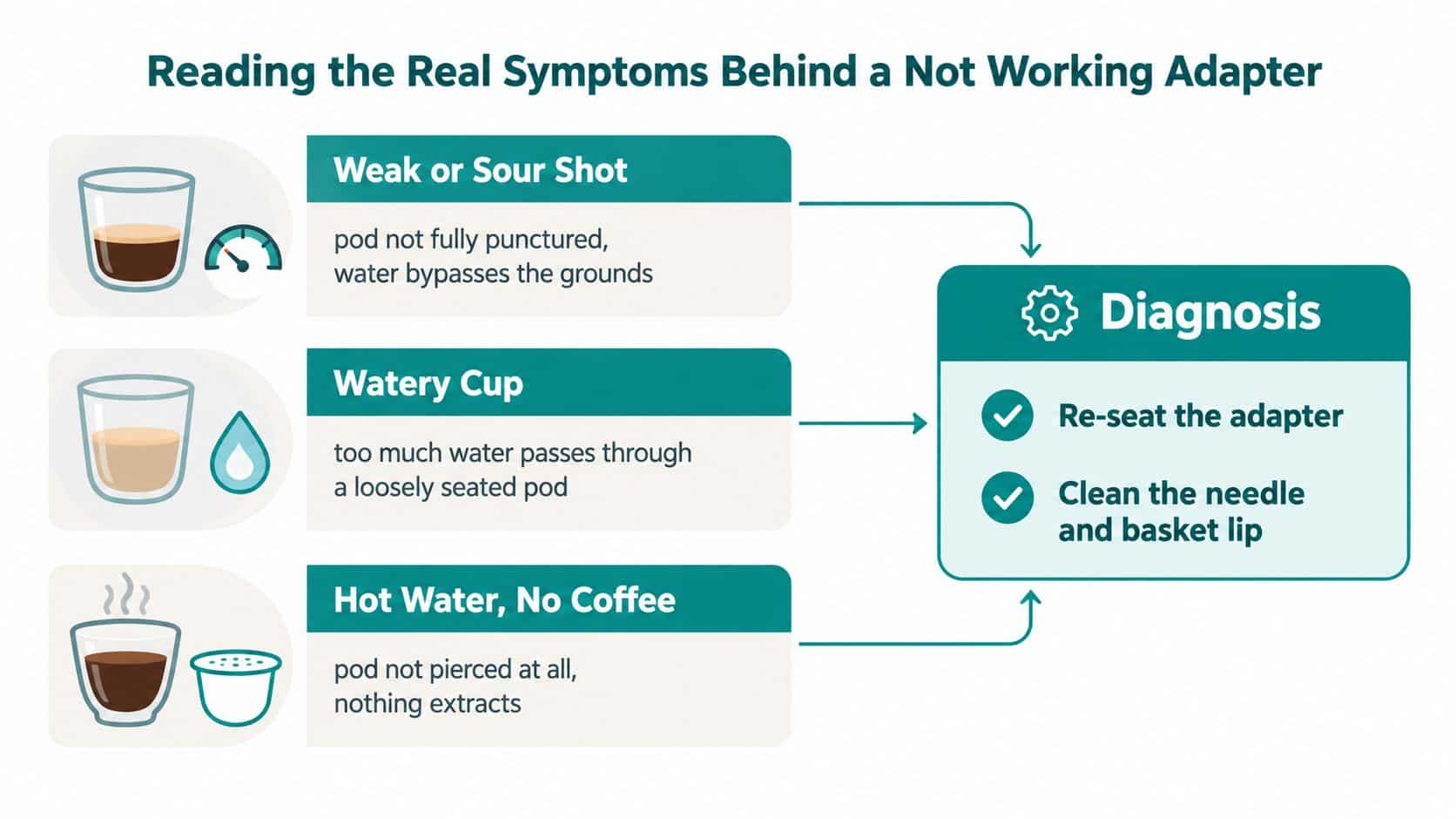 A troubleshooting guide showing three coffee pod adapter symptoms and recommended steps for resolution.
