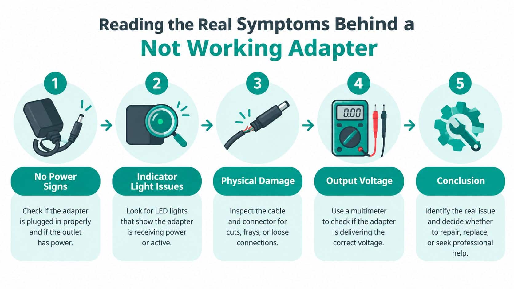 A five-step infographic showing how to troubleshoot a not working power adapter with clear icons.