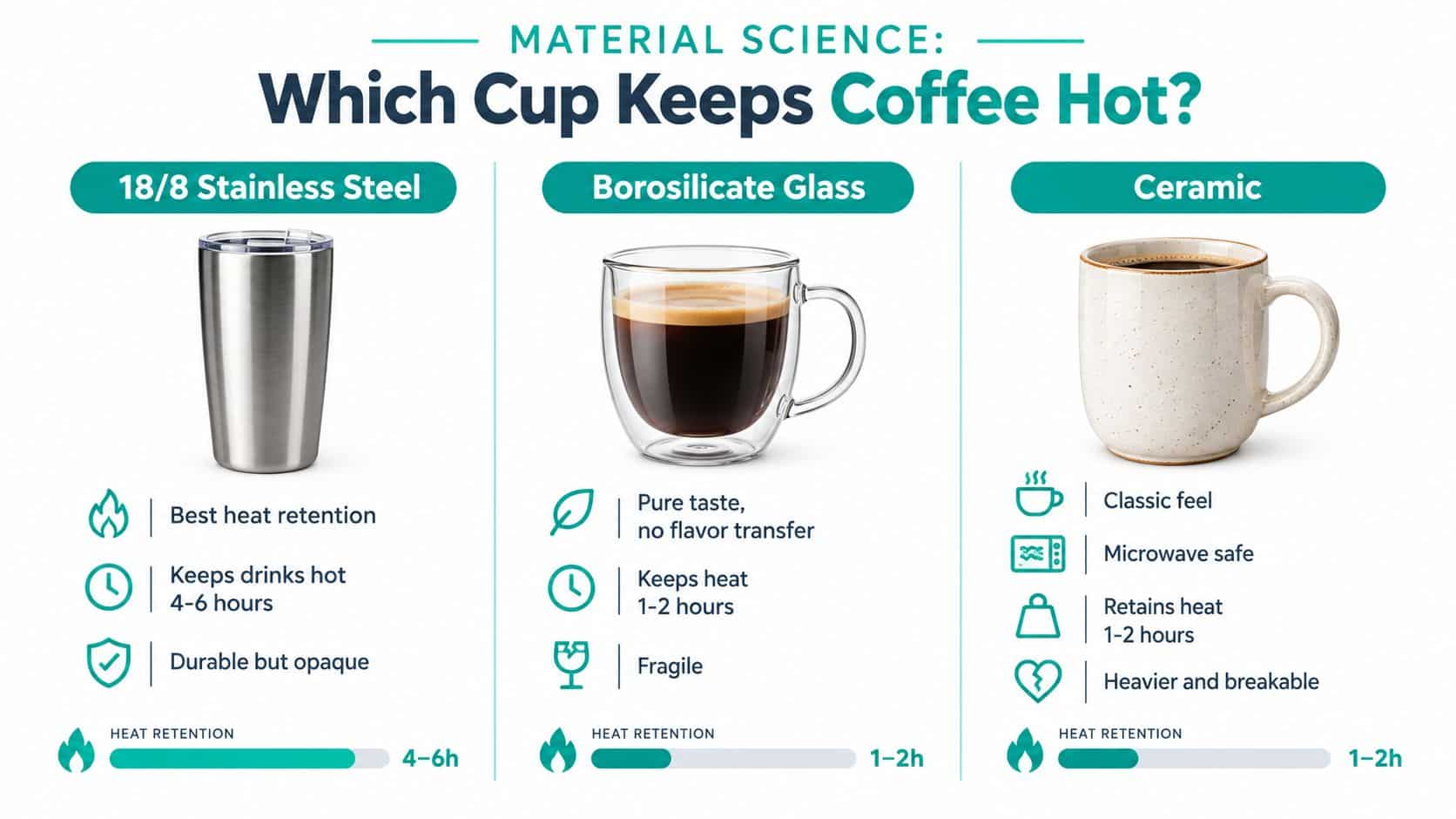 A comparison chart showing the heat retention properties of 18/8 stainless steel, borosilicate glass, and ceramic coffee cups.