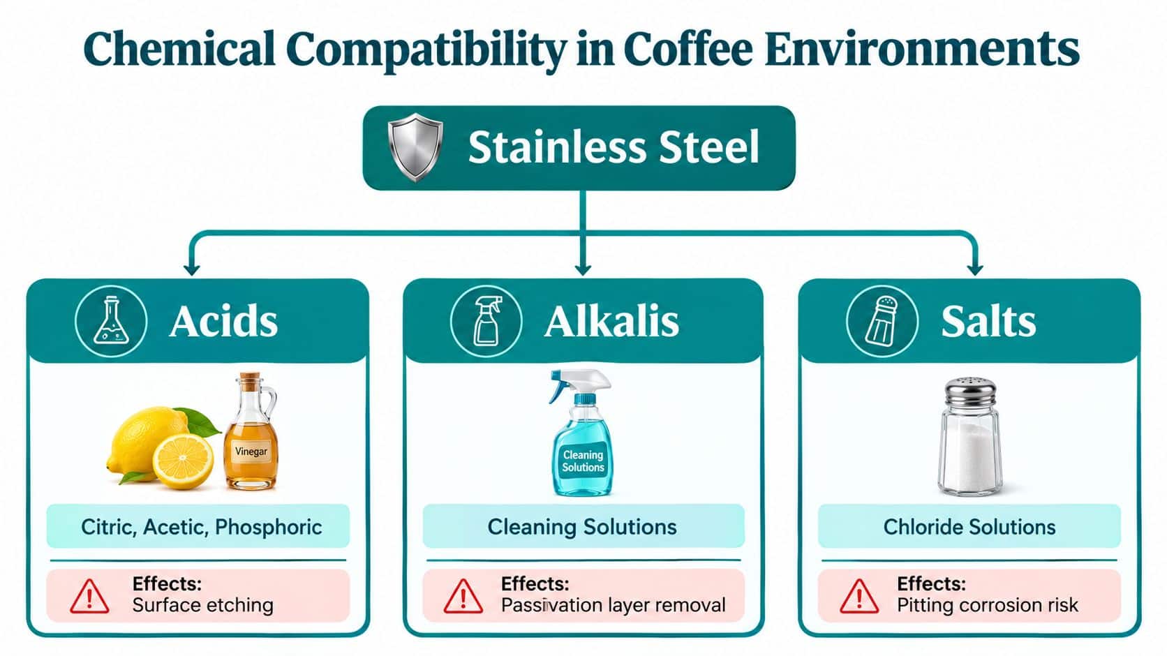 A diagram illustrating chemical compatibility for stainless steel in coffee environments, categorizing acids, alkalis, and salts.
