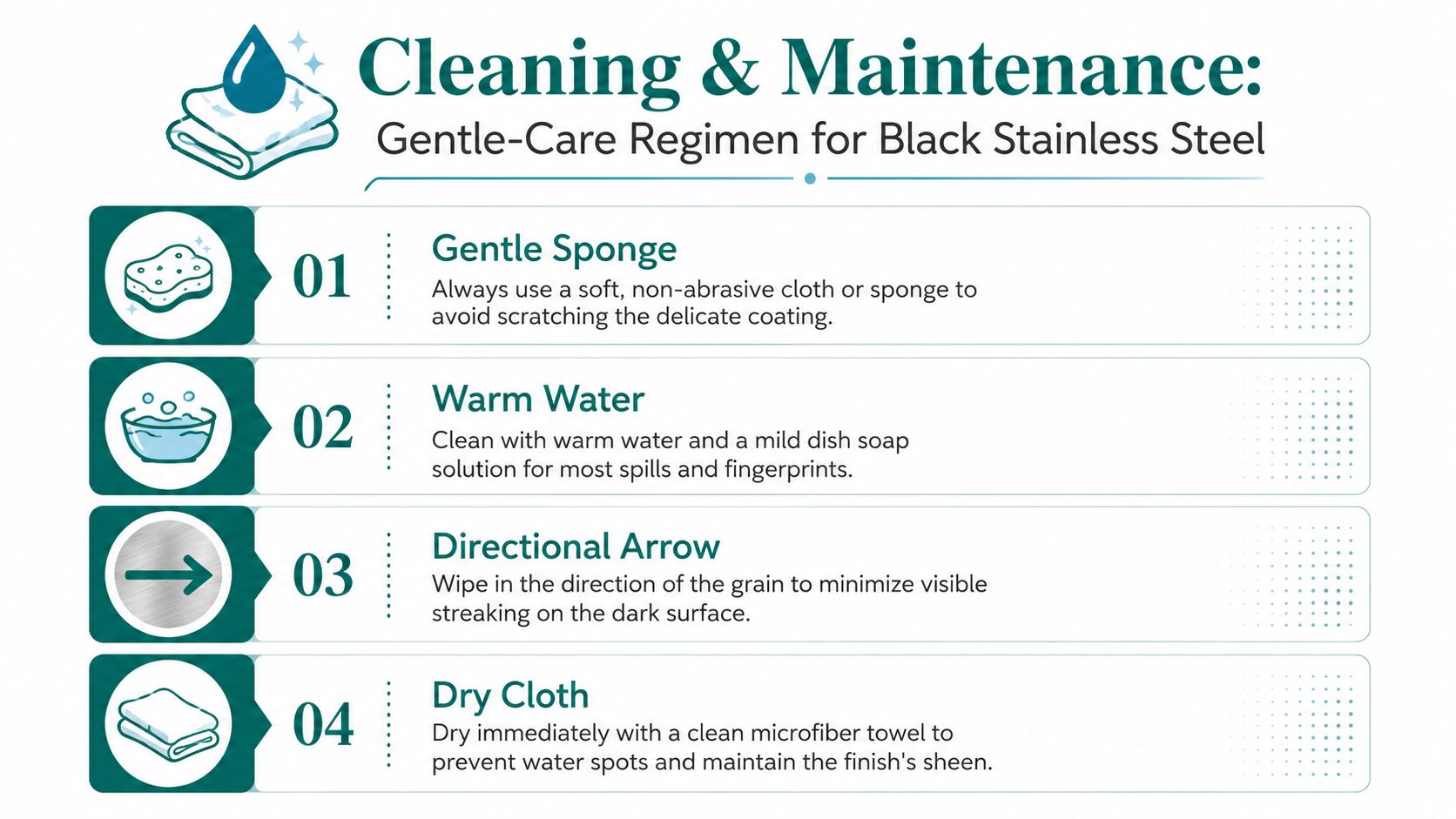 A step-by-step instructional infographic on how to properly clean and maintain black stainless steel appliance surfaces.