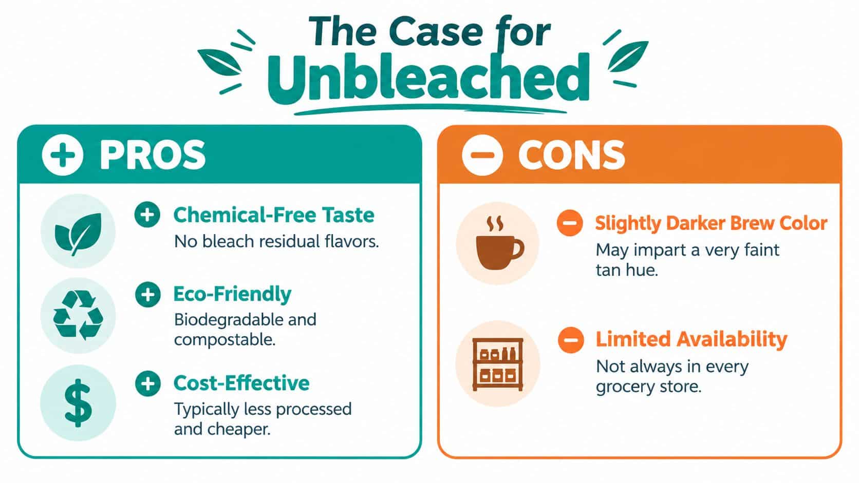 A pros and cons infographic comparing the benefits and drawbacks of using unbleached coffee filters.