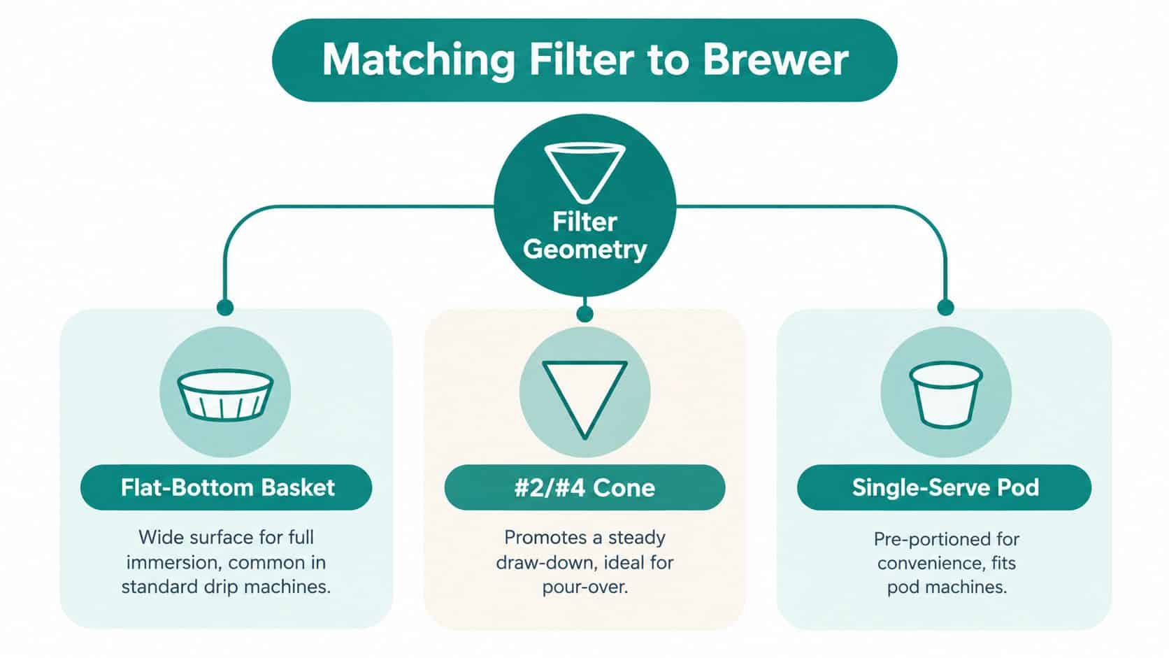 An infographic titled Matching Filter to Brewer, explaining the three types of coffee filters: flat-bottom, cone, and pod.