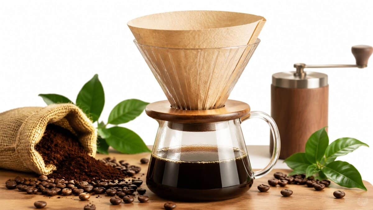 Pour-over coffee setup with coffee beans, grinder, and fresh brew
