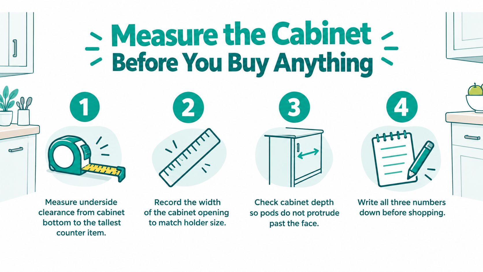 A guide infographic showing four steps to measure your kitchen cabinets before buying a cup holder.