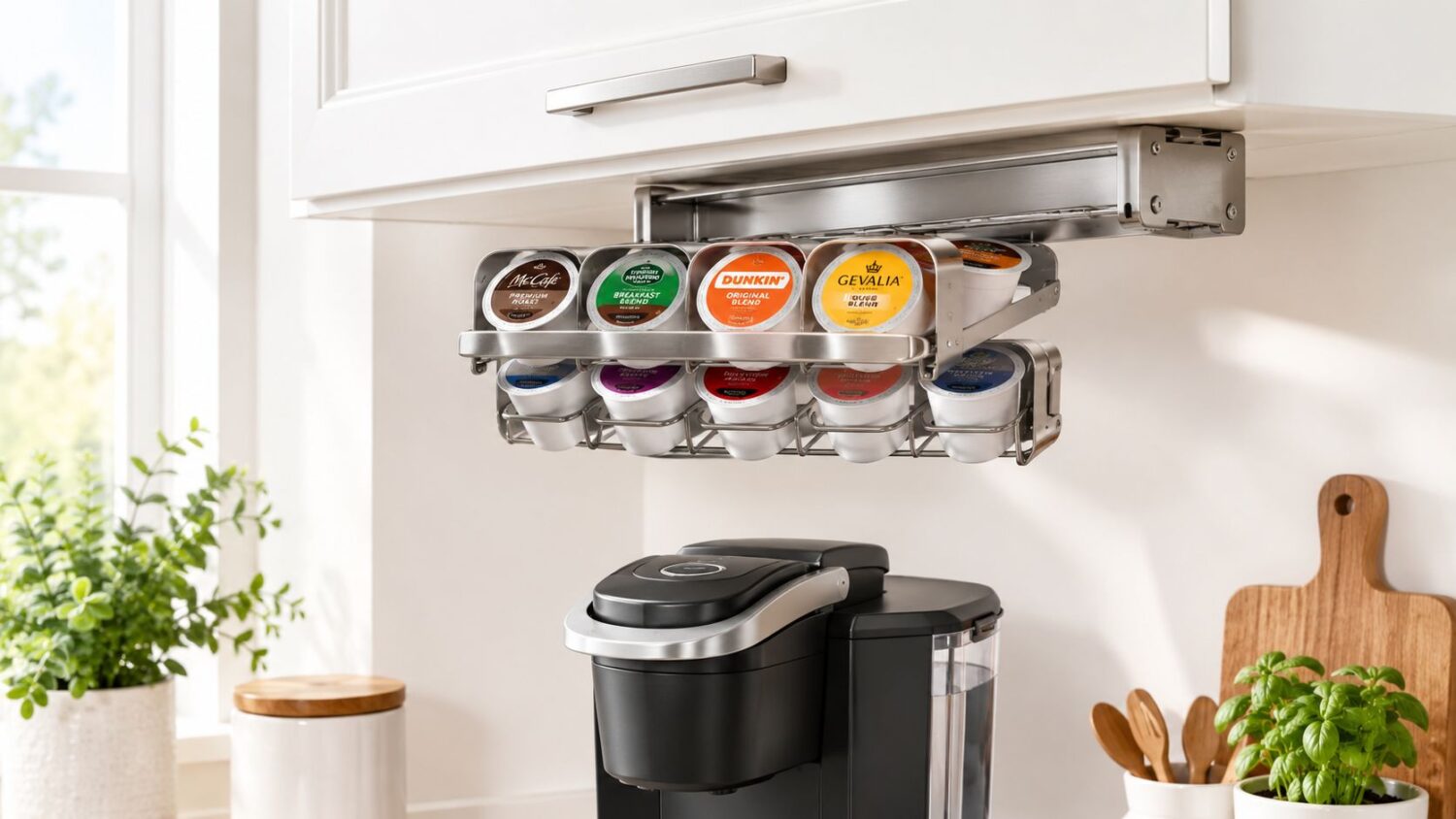 Under-cabinet K-Cup holder with assorted coffee pods above a Keurig machine.
