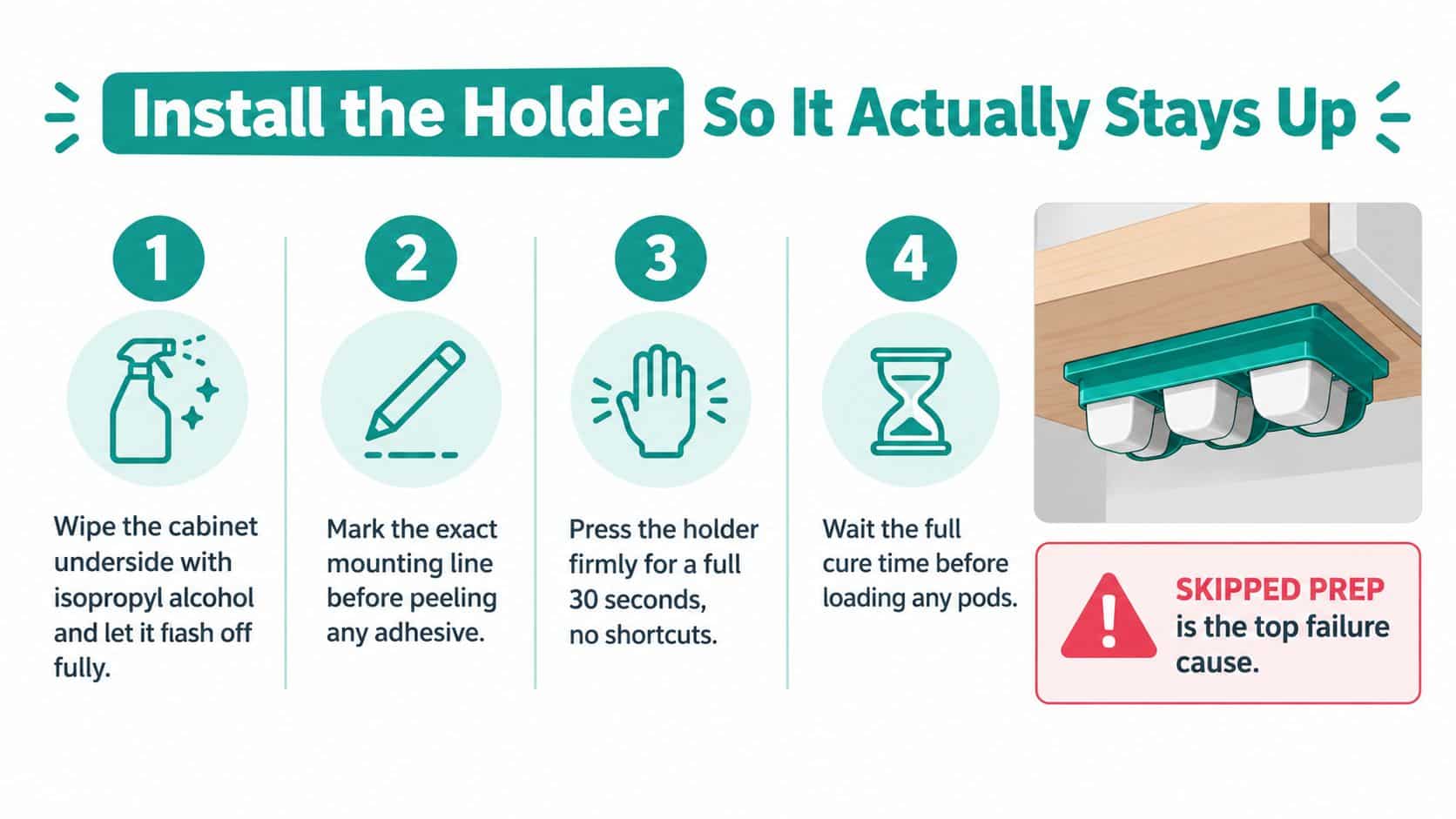 A four-step instructional infographic on how to correctly install an under-cabinet K-cup holder securely.