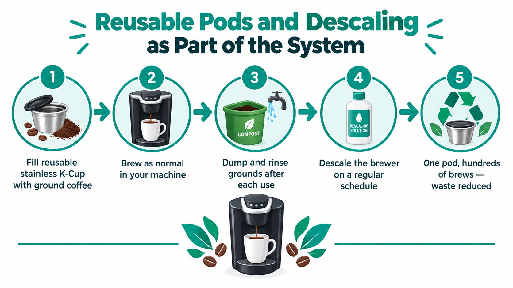 An infographic showing the five-step process of using and maintaining a reusable coffee pod system.