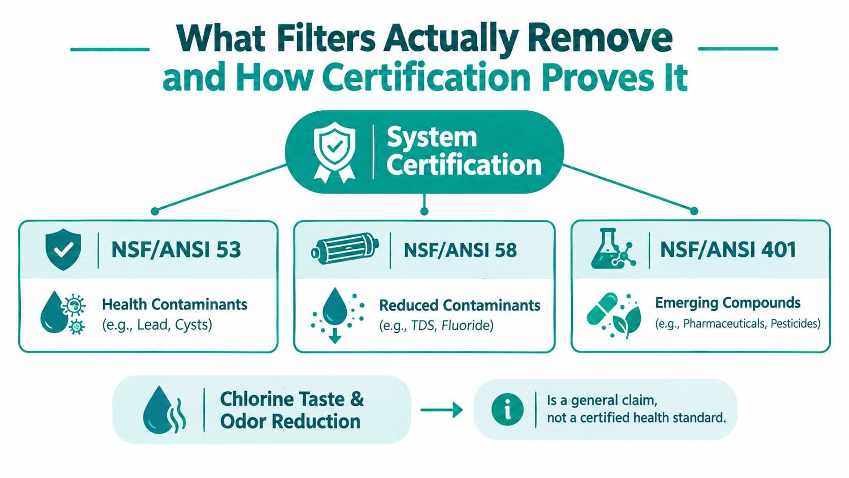 An infographic explaining water filter system certifications including NSF/ANSI 53, 58, and 401 standards for contaminants.