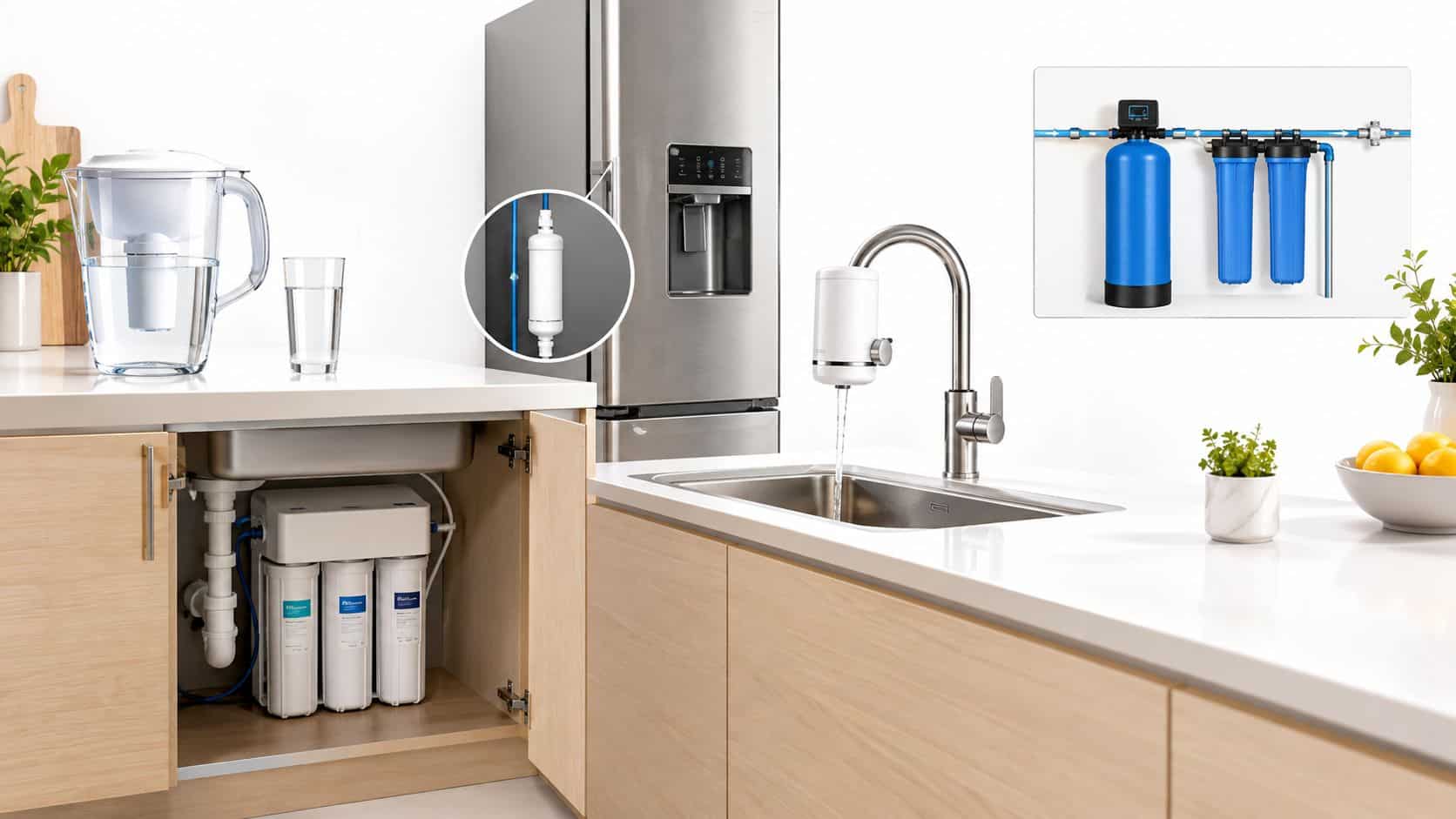 A clean modern kitchen counter featuring a water pitcher, faucet filtration system, and under-sink water filter setup.