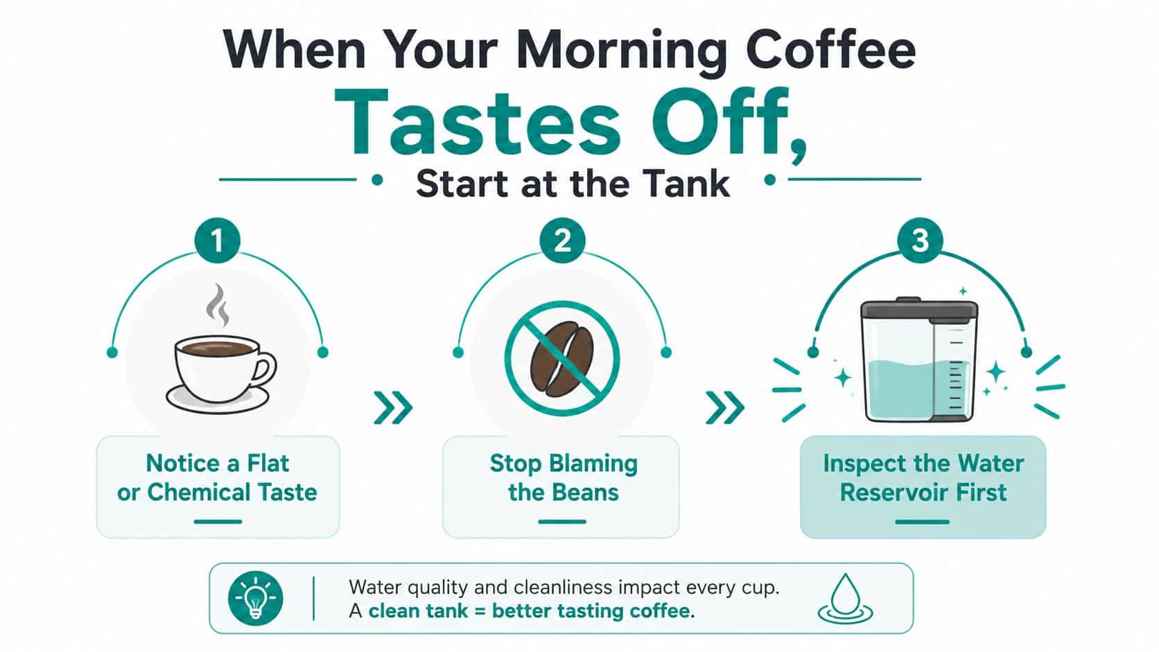 An infographic showing three steps to improve coffee taste by cleaning the water reservoir first.