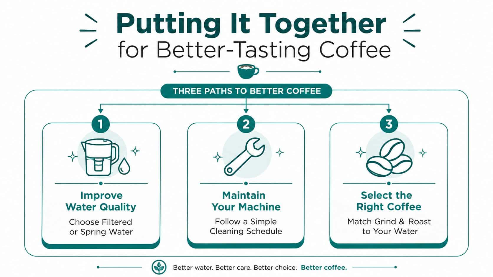 An infographic titled Putting It Together for Better-Tasting Coffee showing three paths: water quality, machine maintenance, and coffee selection.