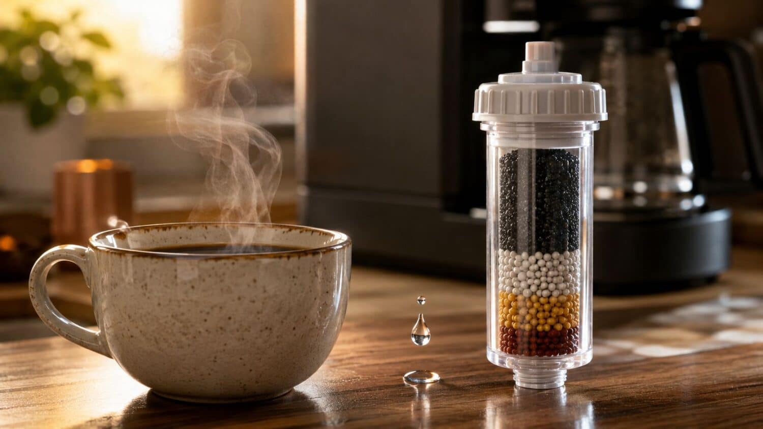 Coffee water filter with activated charcoal and mineral beads next to steaming coffee cup.