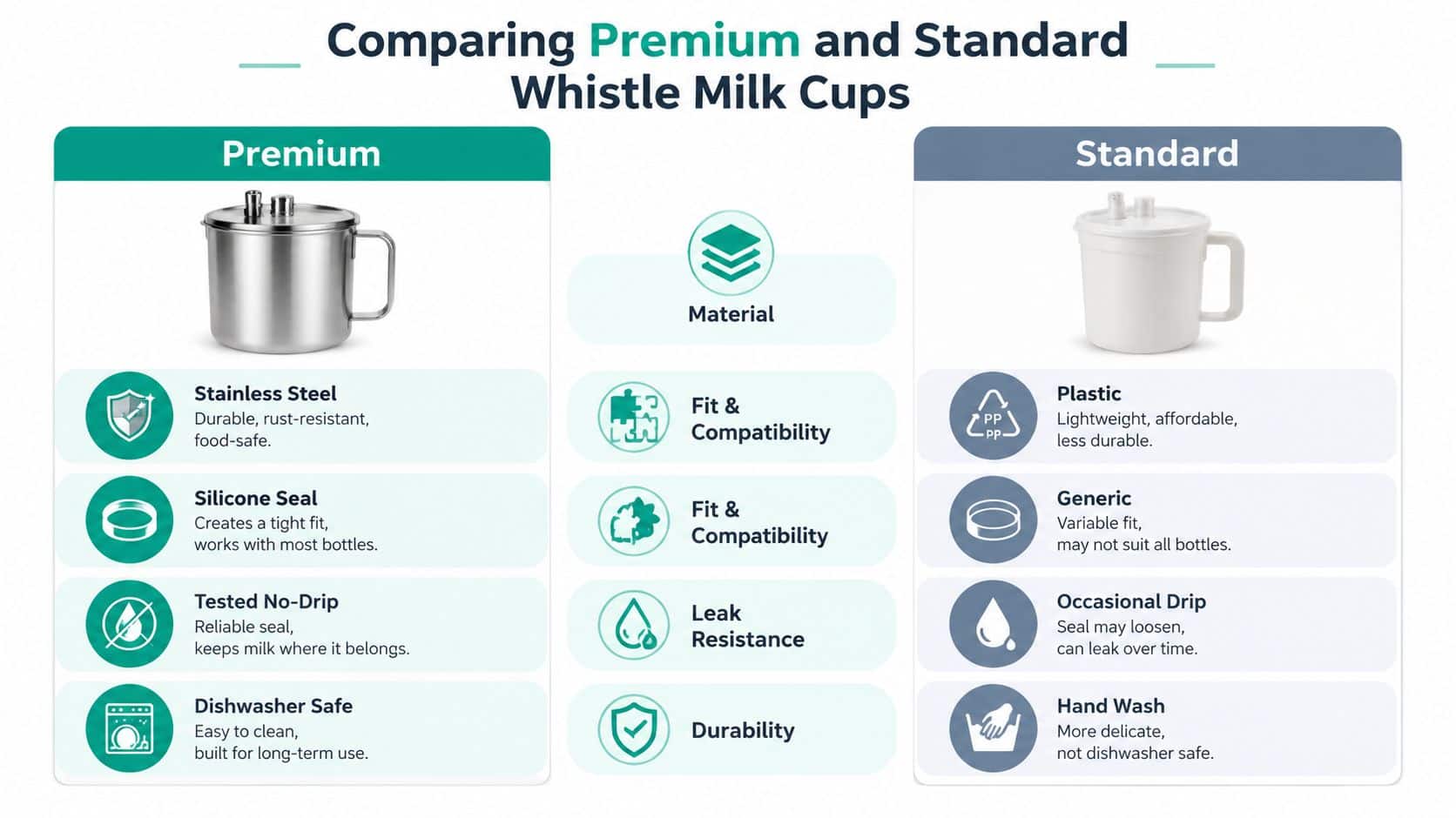 A comparison chart showing features of premium stainless steel whistle milk cups versus standard plastic milk cups.
