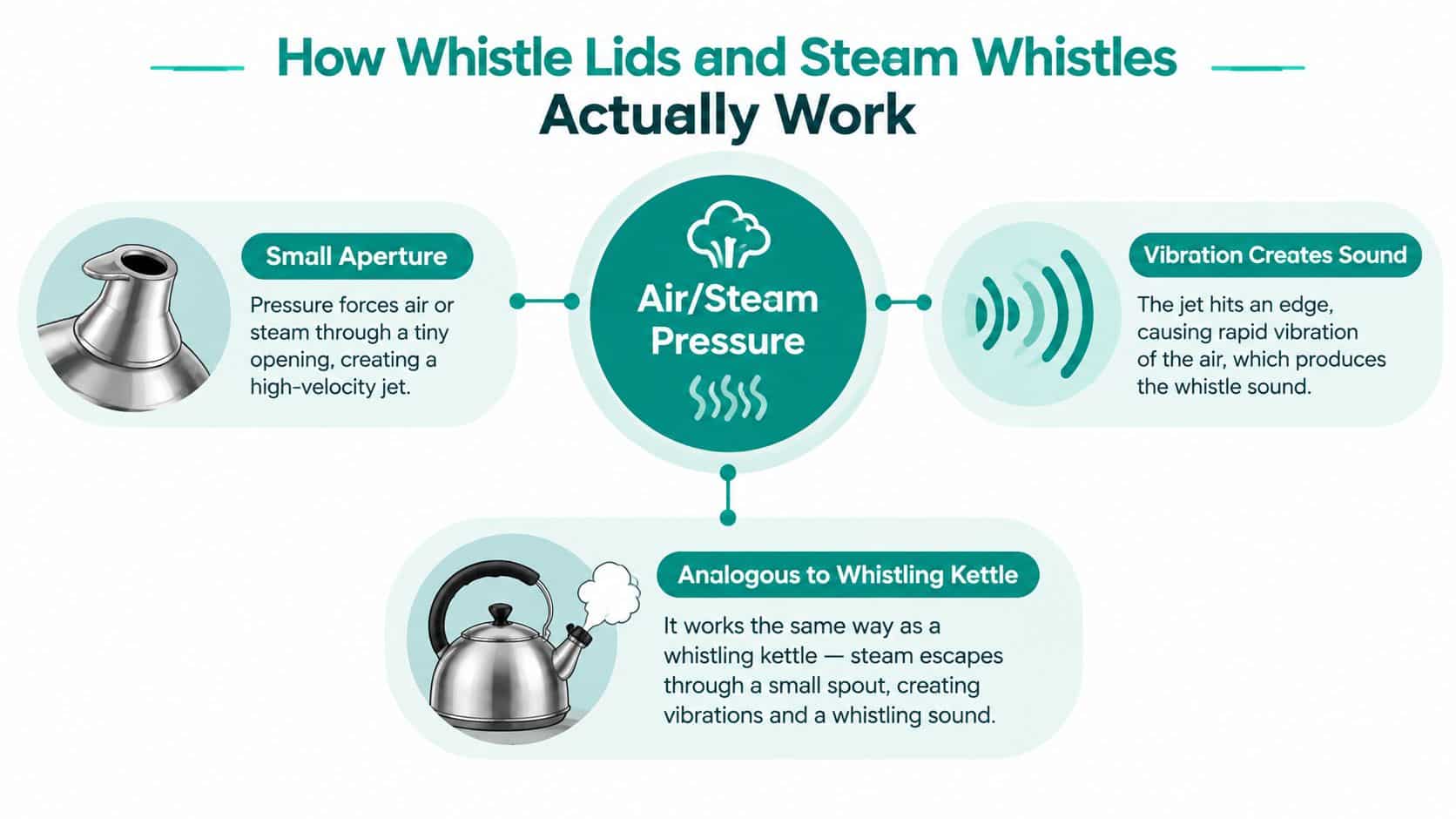 A diagram explaining how steam whistles and whistle lids work using pressure, apertures, and sound vibration.