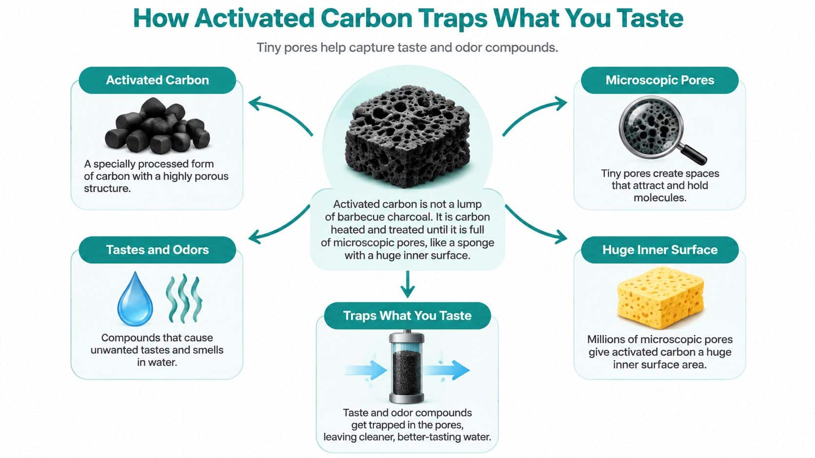 A diagram explaining how activated carbon filters use microscopic pores to remove tastes and odors from water.