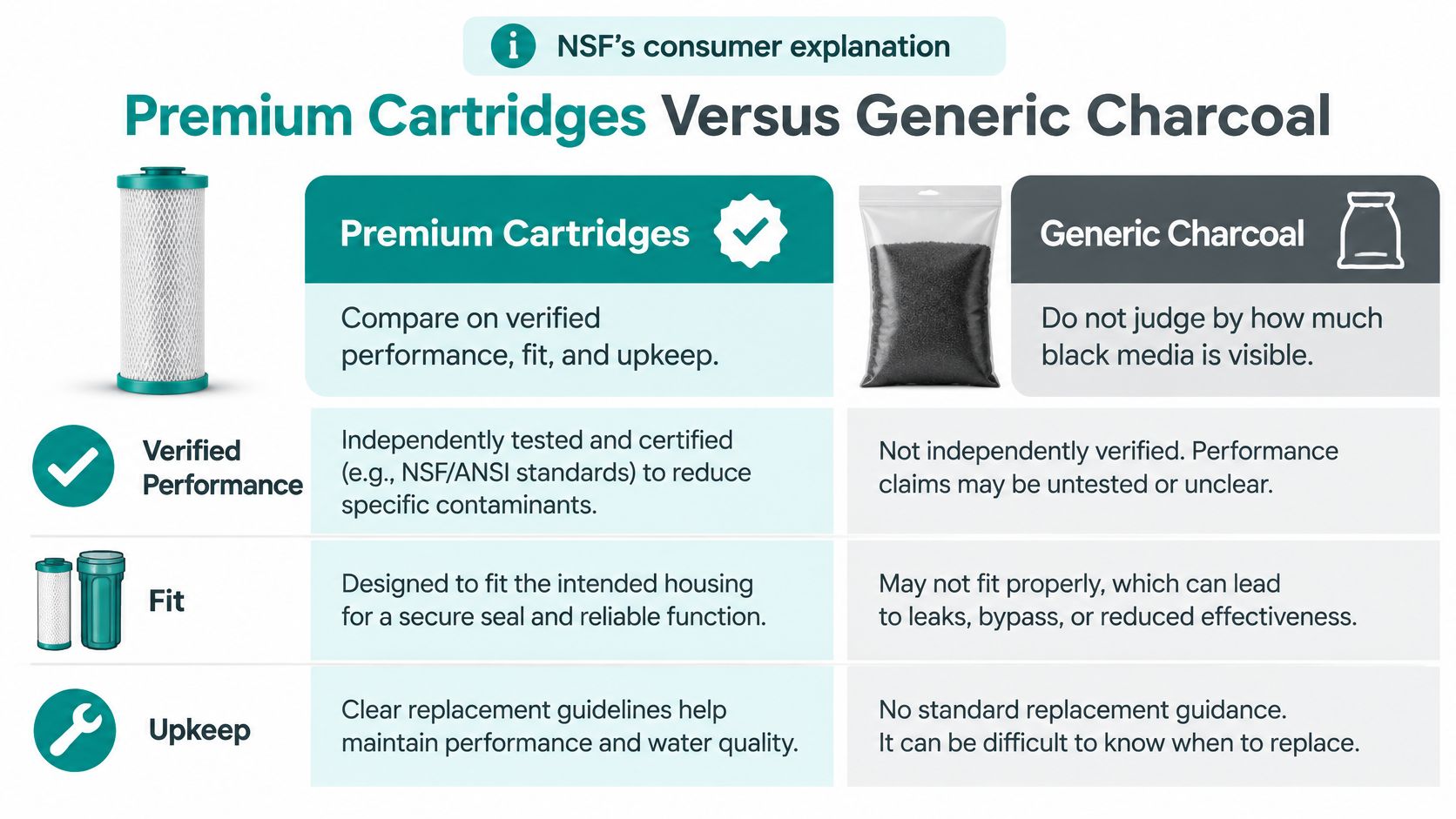 A comparison chart showing the differences between premium water filter cartridges and generic charcoal filter media.