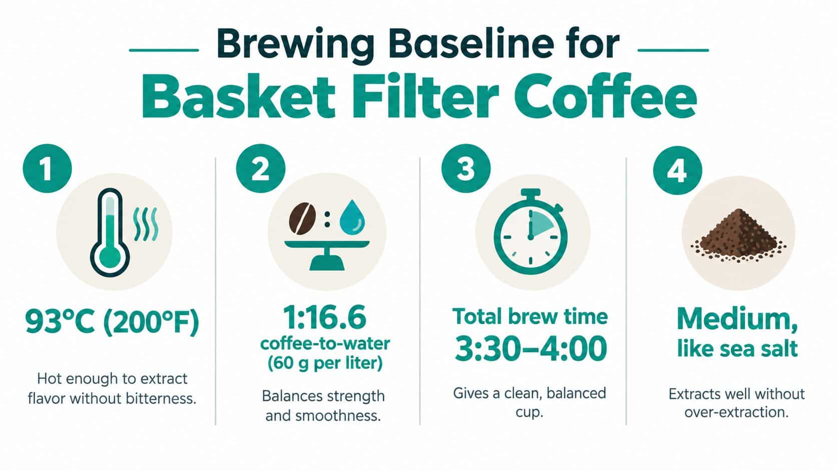 An infographic showing four steps for brewing basket filter coffee with temperature, ratio, time, and grind size.